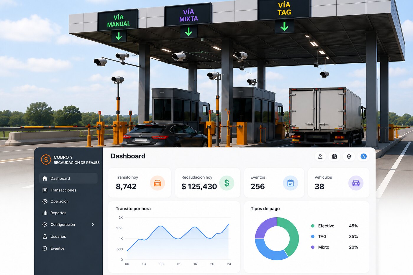 Estación de peaje con dashboard de cobro y recaudación de peajes